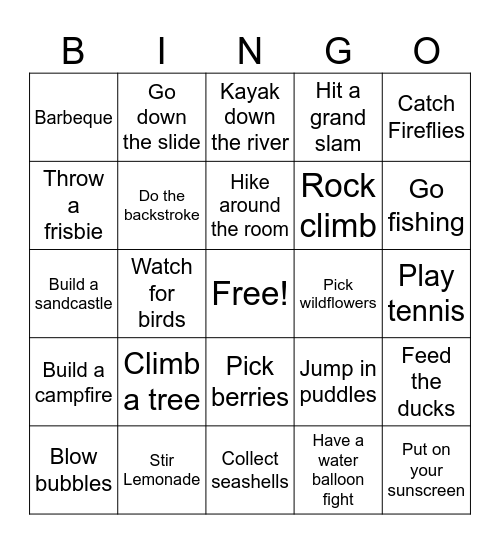 Summer Time Bingo Card Summer Time Bingo Card