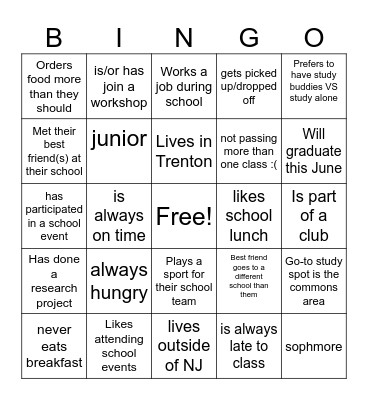 Student Life Bingo Card