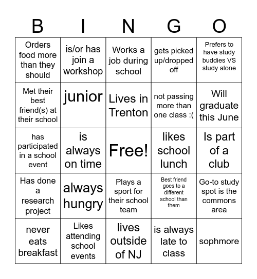 Student Life Bingo Card