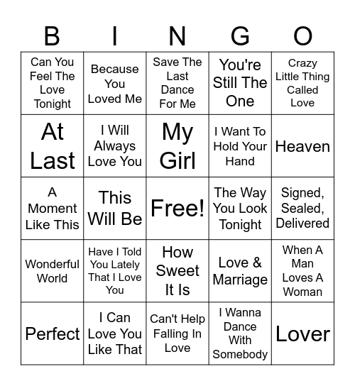 Wedding Song Bingo Card