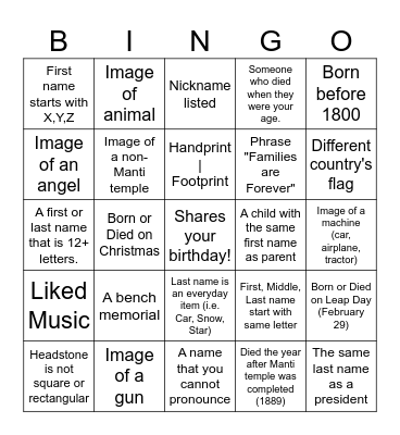 Manti Cemetery Bingo Card