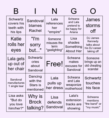 Vanderpump Rules Reunion Bingo Card