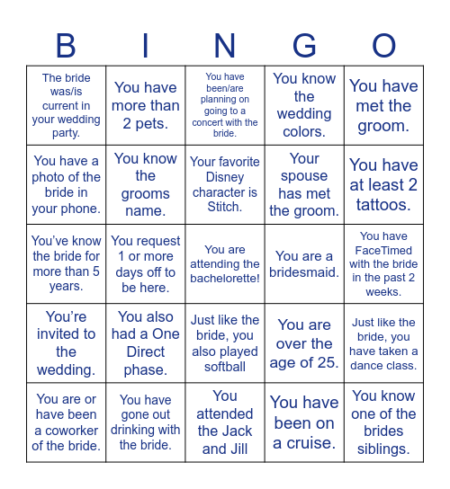 Megan’s bachelorette bingo! Bingo Card