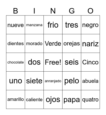 Spanish Bingo Card
