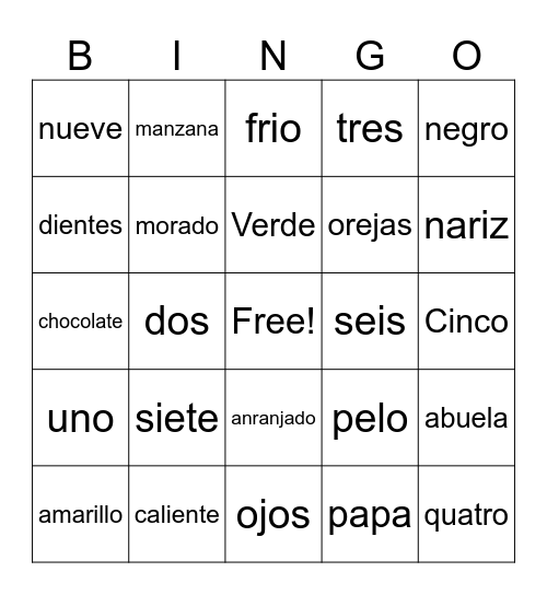 Spanish Bingo Card