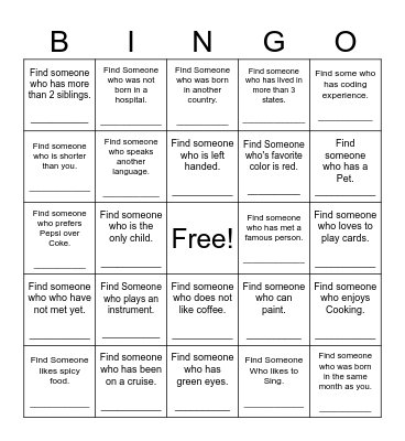 Find Someone Who Bingo Card