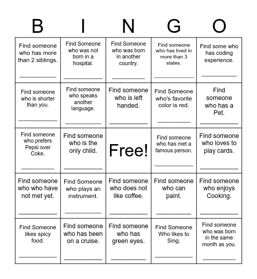 Find Someone Who Bingo Card