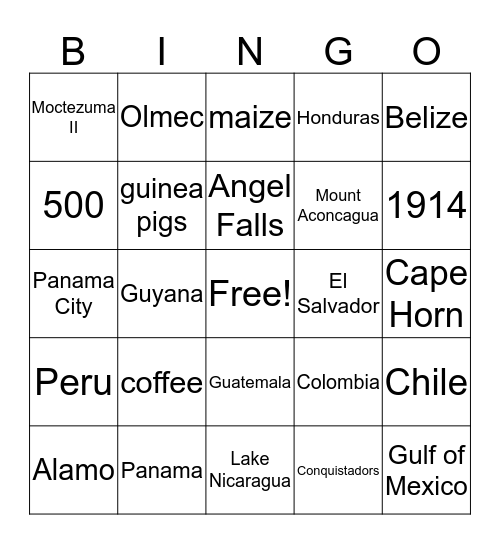 Latin America Bingo Card