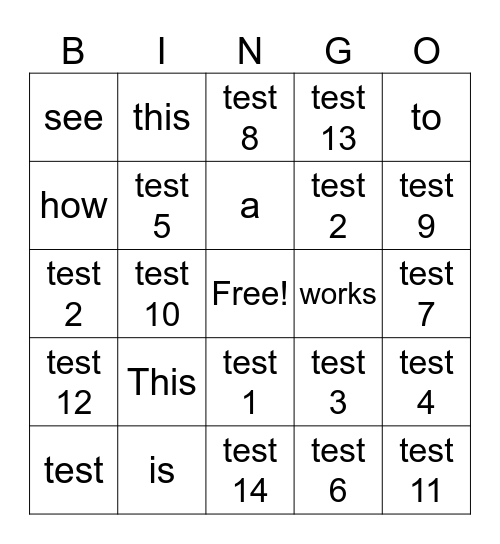 Test Bingo card Bingo Card