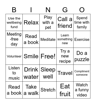 Wellbeing Bingo Card