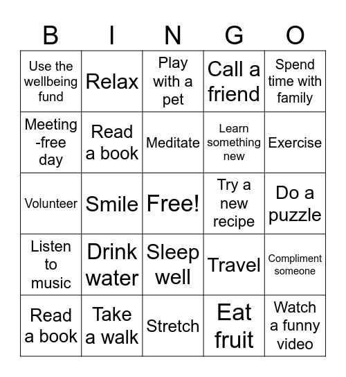 Wellbeing Bingo Card