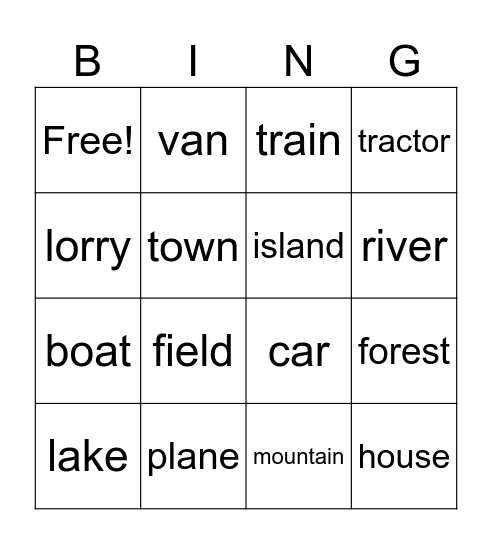 Transport and Landscape Bingo Card