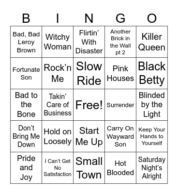 Classic Rock Music Bingo Card