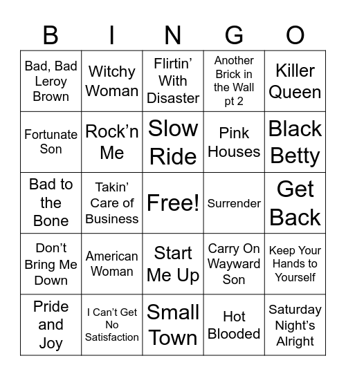 Classic Rock Music Bingo Card