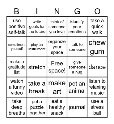 Coping Skills Bingo Card