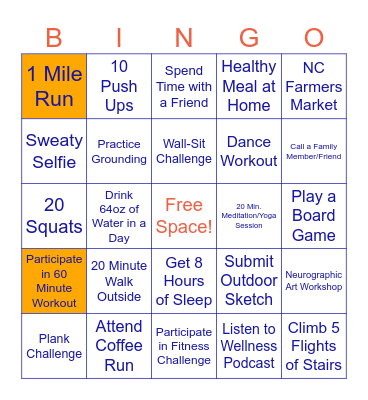 NC Wellness Week Bingo Card