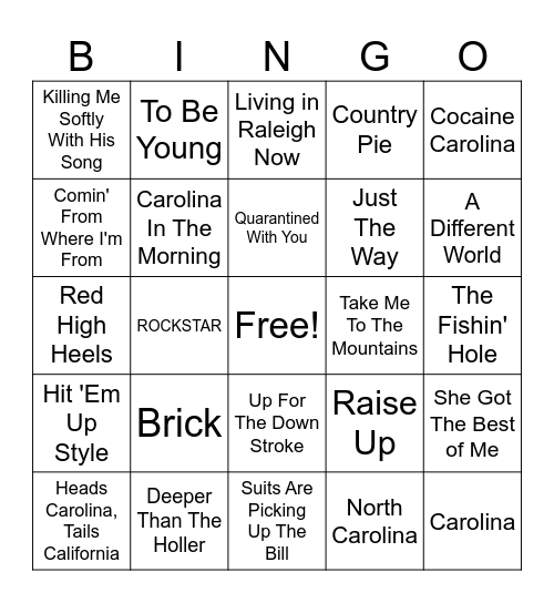 NC Songs and Artist Bingo Card
