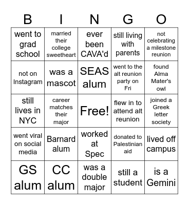 Columbia Alt Reunion Bingo Card