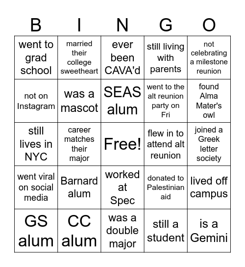 Columbia Alt Reunion Bingo Card