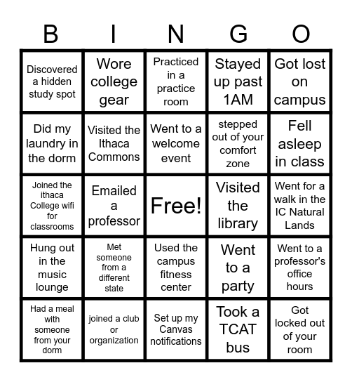 College Bingo Card