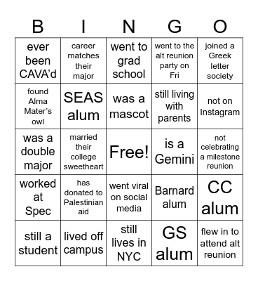 Columbia Alt Reunion  Bingo Card