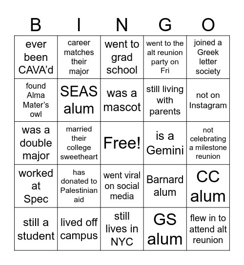 Columbia Alt Reunion  Bingo Card