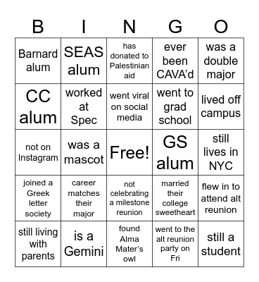 Columbia Alt Reunion  Bingo Card
