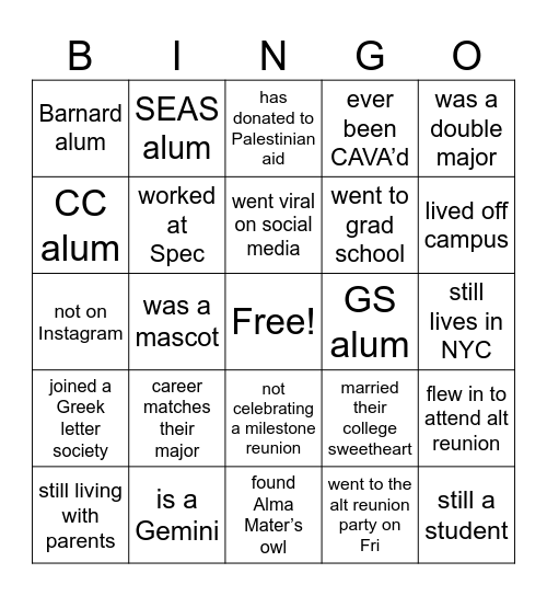 Columbia Alt Reunion  Bingo Card