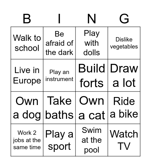 "I used to" Bingo Card