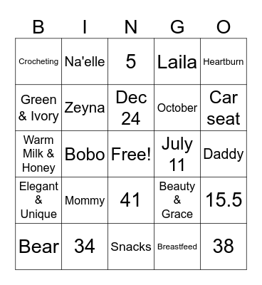 Mikaela's Baby Shower Bingo Card