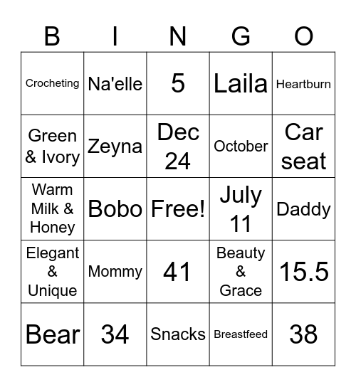 Mikaela's Baby Shower Bingo Card