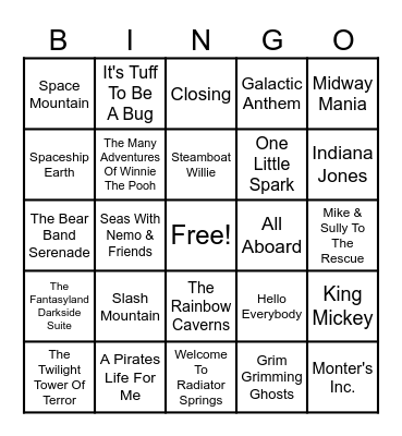 Disney Attractions Songs Bingo Card