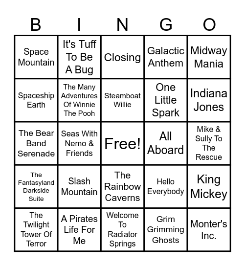 Disney Attractions Songs Bingo Card