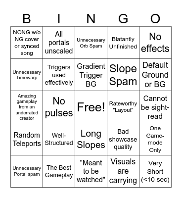 Geometry Dash Layout Bingo Card