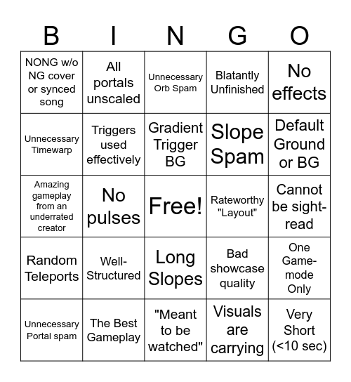 Geometry Dash Layout Bingo Card