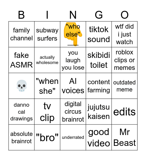 Youtube Short Bingo Card