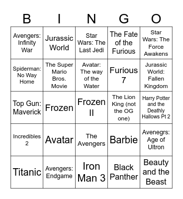 Highest Grossing Movies Bingo Card