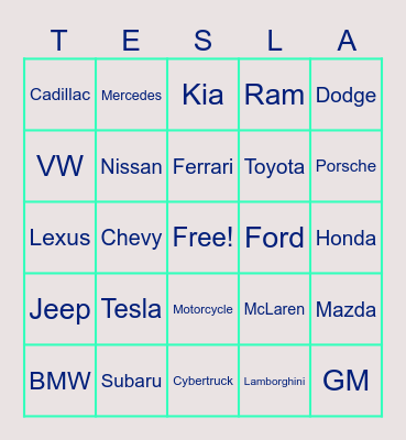 Road trip cars Bingo Card