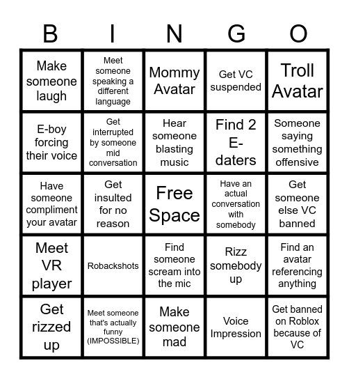 Roblox VC Bingo Challenge Bingo Card