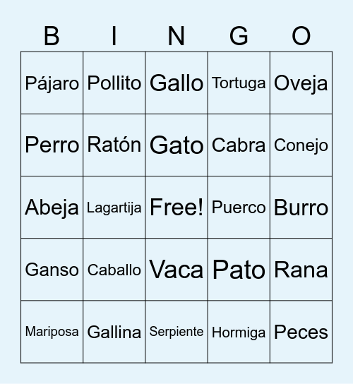 Animales Bingo Card