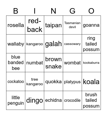 Australian Animals Bingo Card