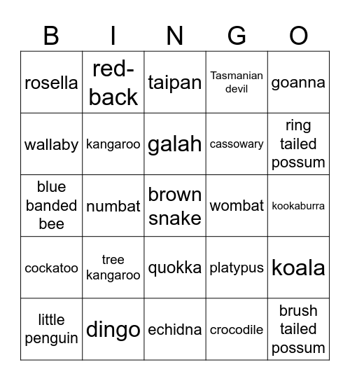 Australian Animals Bingo Card