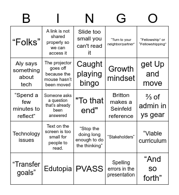 Faculty Meeting Bingo Card