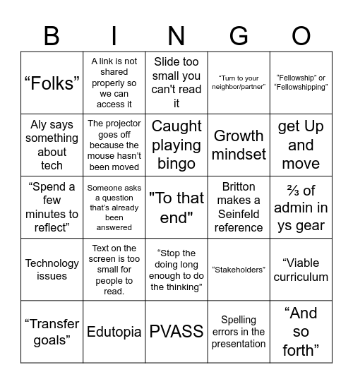 Faculty Meeting Bingo Card