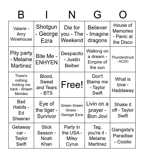 Musical Bingo 6A Bingo Card