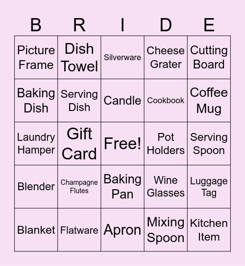 Bridal Bingo Card