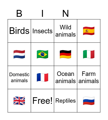 8 categories 90 animals 8 languages Bingo Card