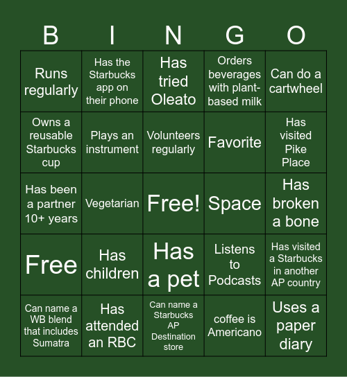 Starbucks PA Leads Bingo! Bingo Card