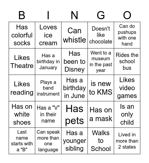 Middle School BINGO: Find someone who... Bingo Card