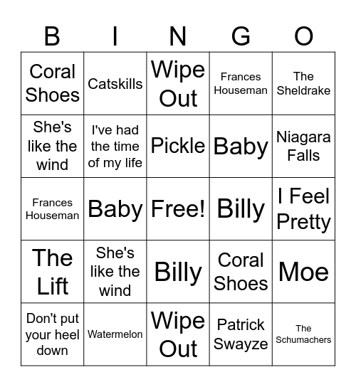 Dirty Dancing Movie Bingo Card